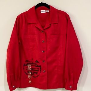 Chico’s Polyester Suede Shirt Jacket. Oriental motif and appliqués.